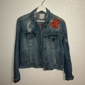 American Eagle Outfitters Blue Jean Jacket with Red Floral Embroidery